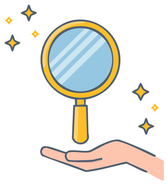 Sparkling golden hand mirror held in a palm illustration for beauty and self reflection concept