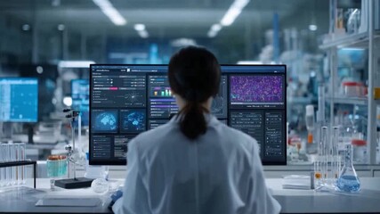Lab Research Focus: A dedicated scientist immersed in data analysis at a cutting-edge laboratory, meticulously examining intricate visuals on advanced computer displays. - Powered by Adobe
