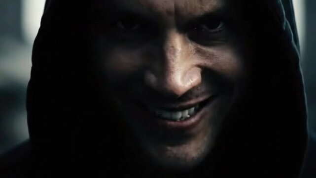 Sketchy Criminal Sneers In Dark Lighting