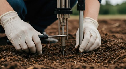 Soil Testing: Gloved Hands Using Penetrometer on Dark Earth for Agricultural Analysis