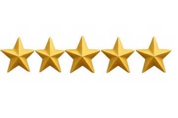 Five gold stars creating an excellent review rating, concept of quality, premium service, and customer feedback with transparent background
