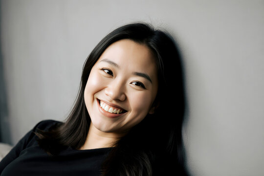 Portrait of a happy woman posing against a grey background while lying against the wall.