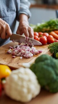 A person is cutting vegetables on a cutting board. The vegetables include broccoli, carrots, and tomatoes