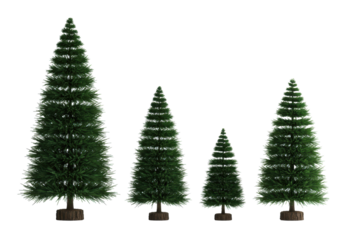 four detailed miniature christmas fir trees, symmetrical and unadorned, lined up on a transparent background in high-key studio light. concept for clean holiday design assets