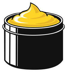 Stylized illustration of a container overflowing with yellow mustard or sauce