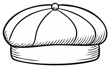 Hand drawn cartoon illustration of a classic newsboy cap in a vintage line art style