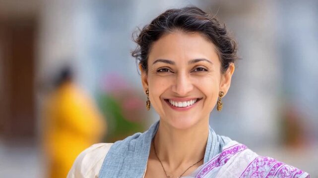 Radiant Portrait of a Woman: A captivating close-up of a smiling woman. Her expression radiates warmth and positivity. The portrait captures her natural beauty and inner happiness.