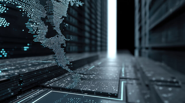 Digital world map data center server technology network futuristic glowing blue cyber information innovation modern - Powered by Adobe