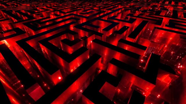 Glowing red maze with high walls forms complex pattern symbolizing challenge decision making and abstract technology game concept