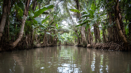 Obraz premium Tropical river with palm trees in a forest