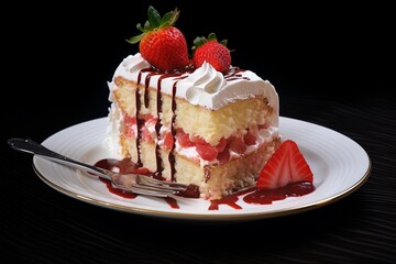 Cake slice featuring strawberries, whipped cream, and chocolate syrup on a plate