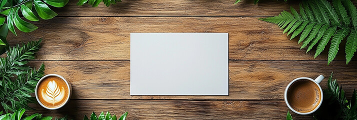 Workspace with coffee cups and plants on wooden table Generative AI