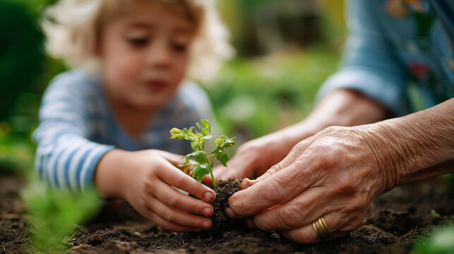 Child and senior planting tree together, intergenerational garden activity, environmental stewardship moment, age diversity collaboration, defocused natural setting, with copy space