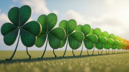 Row of four leaf clovers standing on grass field in warm sunlight, lucky nature.
