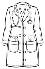 Cartoon line art of a doctor's coat with stethoscope and supplies