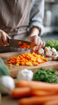 A person is cutting vegetables on a cutting board. The vegetables include carrots, broccoli, and mushrooms