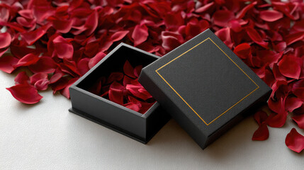 Black gift box with gold trim filled with red rose petals, romantic luxury present on white background, elegant and passionate mood