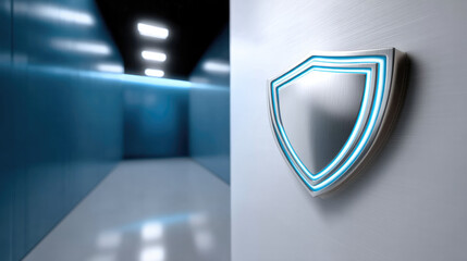 Futuristic shield symbol with blue neon light on metallic wall, modern corridor, security and protection concept