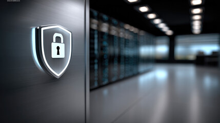 Secure server room with illuminated shield lock symbol, modern data center, cybersecurity protection, technology safety concept