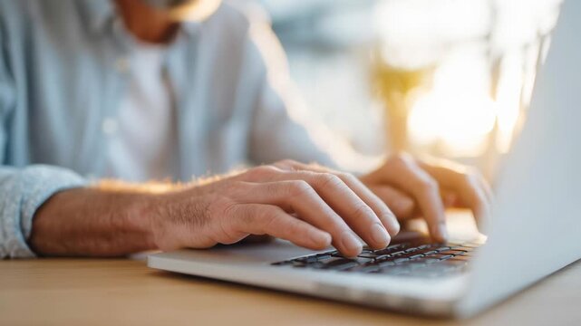 A man is typing on a laptop computer. He is wearing a blue shirt and white shirt. The laptop is on a wooden table