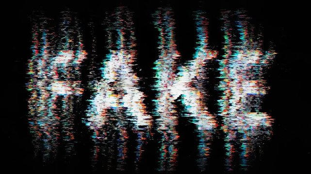 FAKE text on a black background animates with heavy distortion and corruption effects. Intense datamoshing, pixel sorting, and chromatic aberration create a corrupted signal look.