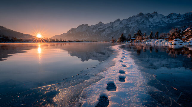 footprints on frozen lake at sunrise with snowcapped mountains and calm reflection - Powered by Adobe