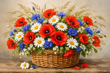 Vibrant wildflower bouquet with poppies, daisies, and cornflowers in a wicker basket.