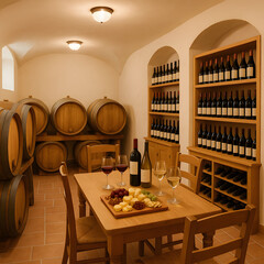 Elegant Wine Tasting Room with Wooden Barrels and Bottled Wine Collection.