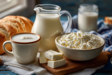 Farm Fresh Dairy Products: Milk Pitcher, Yogurt Cup, and Curd Bowl.