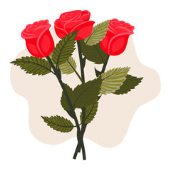A bouquet of bright red roses on a light beige background. A set of three blooming flowers. Vector illustration on a white background.