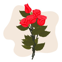 A bouquet of bright red roses on a light beige background. A set of four elegant flowers and one bud. Vector illustration on a white background.
