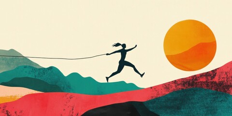 A dynamic runner gracefully traversing through a vibrant landscape during a breathtaking sunset