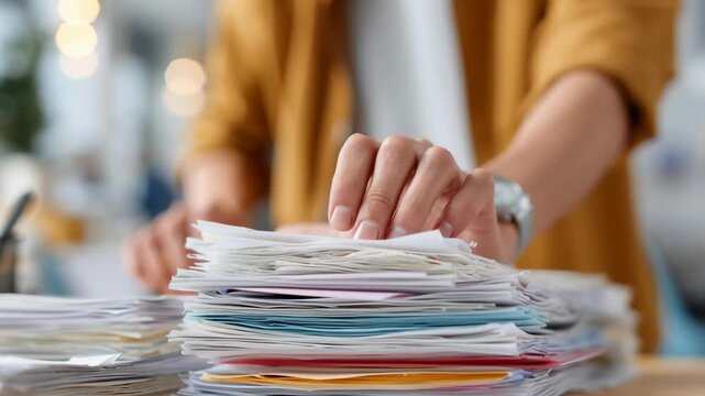 A person is sorting through a pile of papers, possibly looking for an important document. Concept of urgency and the importance of organization in managing paperwork
