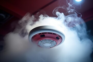 Smoke detector on ceiling filling with smoke, indicating a fire alarm and safety alert