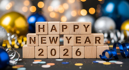 2026 happy new year on wooden boxes celebration ornaments background 