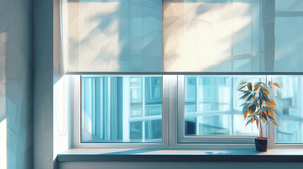 朝の日差しを調整するロールスクリーンが、機能的で整った現代的リビングを演出する暮らしの水彩ポリゴン