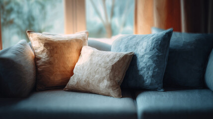 ソファに置かれたクッションカバーが、くつろぎの時間を演出する温もりあるリビングの情景の水彩ポリゴン