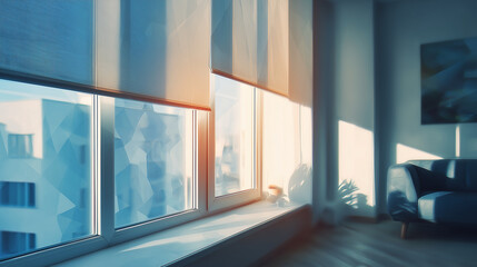 昼間の日差しを調整するロールスクリーンが、機能的で整った現代的リビングを演出する暮らしの水彩ポリゴン