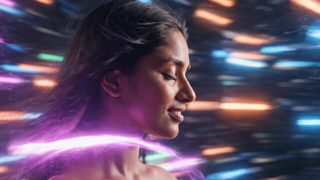 Woman with closed eyes and blowing hair is surrounded by moving streaks of colorful neon light. Soft, glowing light illuminates her face against a dark, high-speed motion blur background.