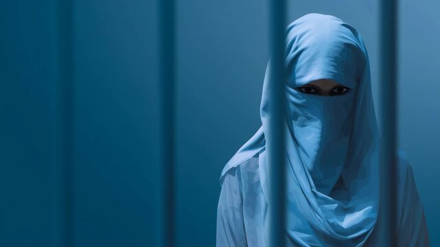 4k Illustration of a woman in burqa behind iron bars, concept of female imprisonment and loss of freedom women rights, feminism, gender equality, oppression, freedom