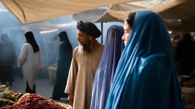 4k Street market in Andkhoy, Northern Afghanistan Afghan women in blue burkas shopping among market stalls filled with textiles and produce, men in traditional clothes in the backgrou