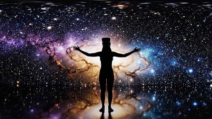 Woman's silhouette wearing a VR headset stands within a panoramic cosmic galaxy. Vibrant nebular light illuminates the immersive 360-degree starfield and reflective surface.