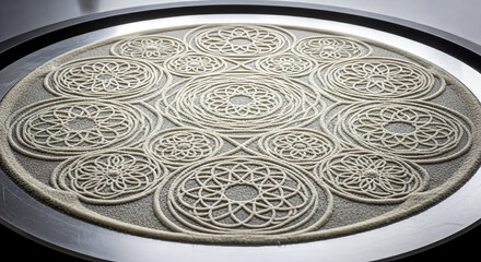A complex, symmetrical geometric pattern created from fine white sand on a dark circular plate, resembling a cymatic frequency pattern or a spiritual mandala