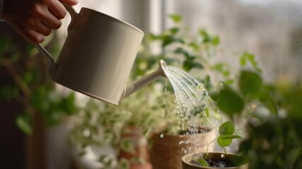 A person is watering a plant with a watering can. The plant is in a pot and is surrounded by other plants. The scene has a calm and peaceful mood, as the person is taking care of the plants