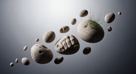 A creative composition of smooth river stones of various sizes floating or levitating in a diagonal line against a clean, neutral studio background