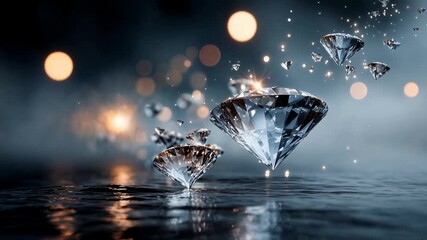 Multiple diamonds fly through air with shimmering particles illustrating celebration luxury wealth and sparkling jewelry fantasy - Powered by Adobe