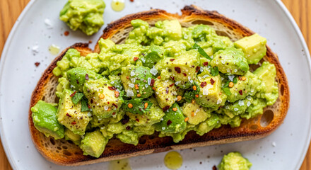 A top-down view of a piece of toasted sourdough bread topped with a generous layer of mashed and cubed avocado, seasoned with chili flakes, salt, and olive oil