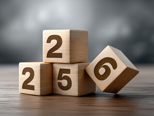 Wooden blocks with numbers 2, 5, and 6 stacked on wooden surface, educational and playful concept
