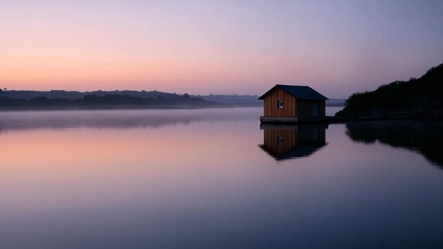 Petite maison sur l&rsquo;eau en Bretagne, France charmante cabane flottante au lever du soleil, entourée d&rsquo;eau calme et de