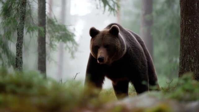 Majestic brown bear walking through a misty Nordic forest soft morning light filtering through tall pine trees, moss-covered ground, cold northern atmosphere, natural and realistic 4k